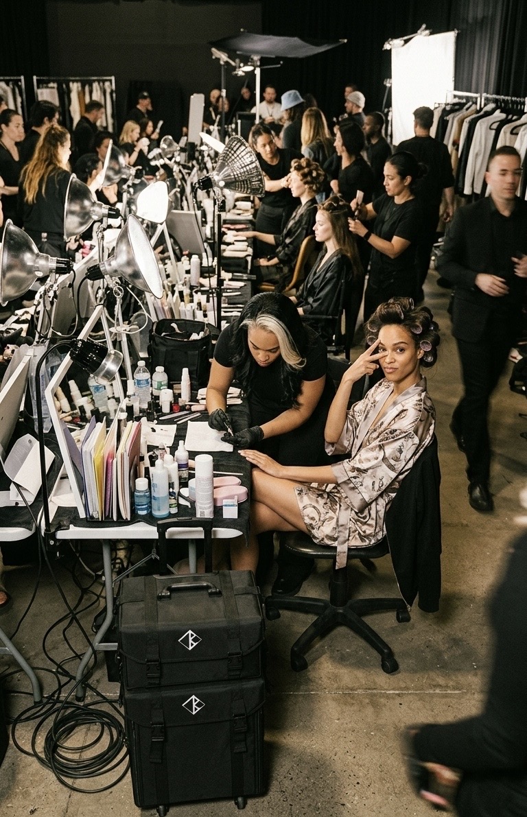 Nadia Blanco working backstage at Fashion Week — a full production environment with models, session artists, and professional kit